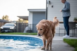 Un golden retriever transforme la piscine du voisin en spa personnel matinal, puis rentre chez lui avec l’air de rien après chaque séance